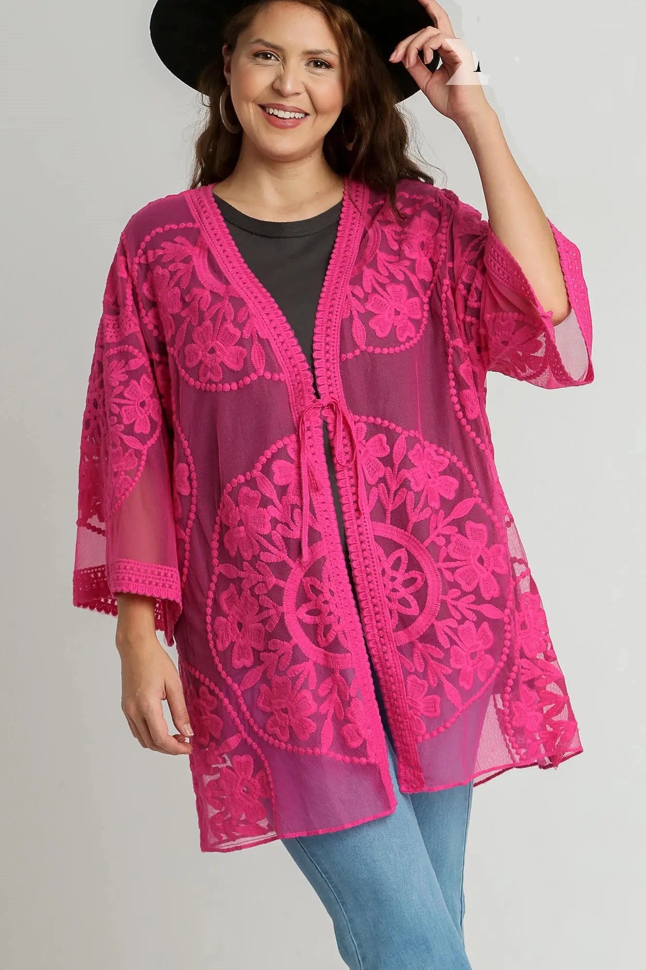 Umgee Full Size Floral Lace Open Front Kimono Sleevee Cover Up with Waist Tie Plus Size - Eclectage