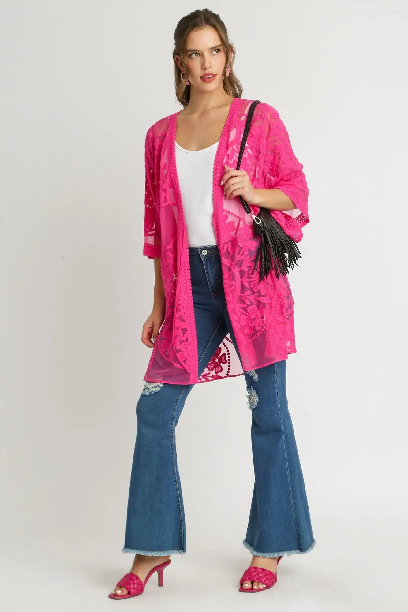 Umgee Full Size Floral Lace Open Front Kimono Sleevee Cover Up with Waist Tie Plus Size - Eclectage