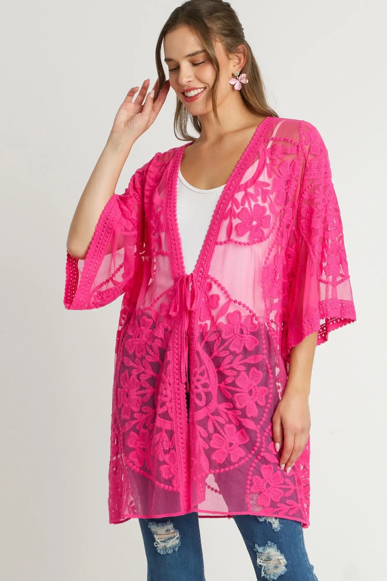 Umgee Full Size Floral Lace Open Front Kimono Sleevee Cover Up with Waist Tie Plus Size - Eclectage