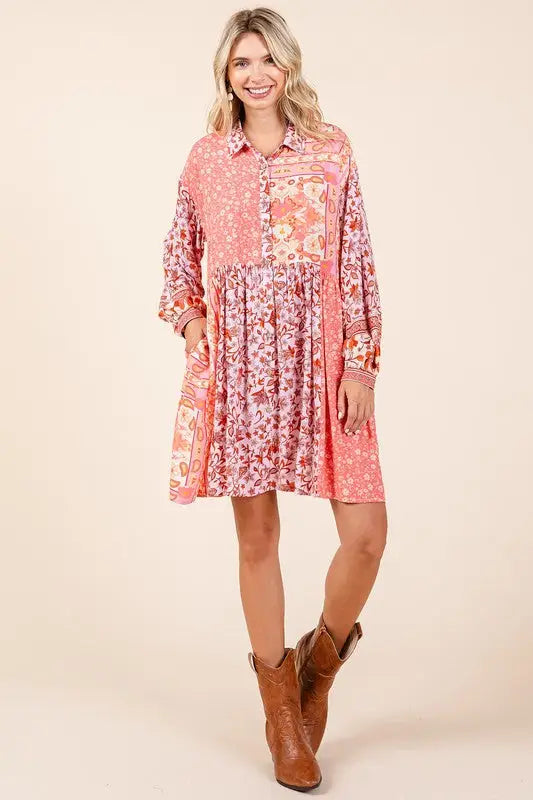 Floral Long Sleeve Shirt Dress - Eclectage