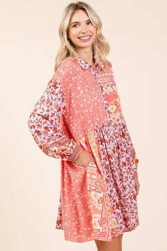 Floral Long Sleeve Shirt Dress - Eclectage