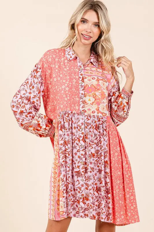 Floral Long Sleeve Shirt Dress - Eclectage