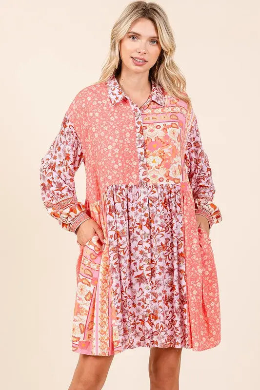 Floral Long Sleeve Shirt Dress - Eclectage