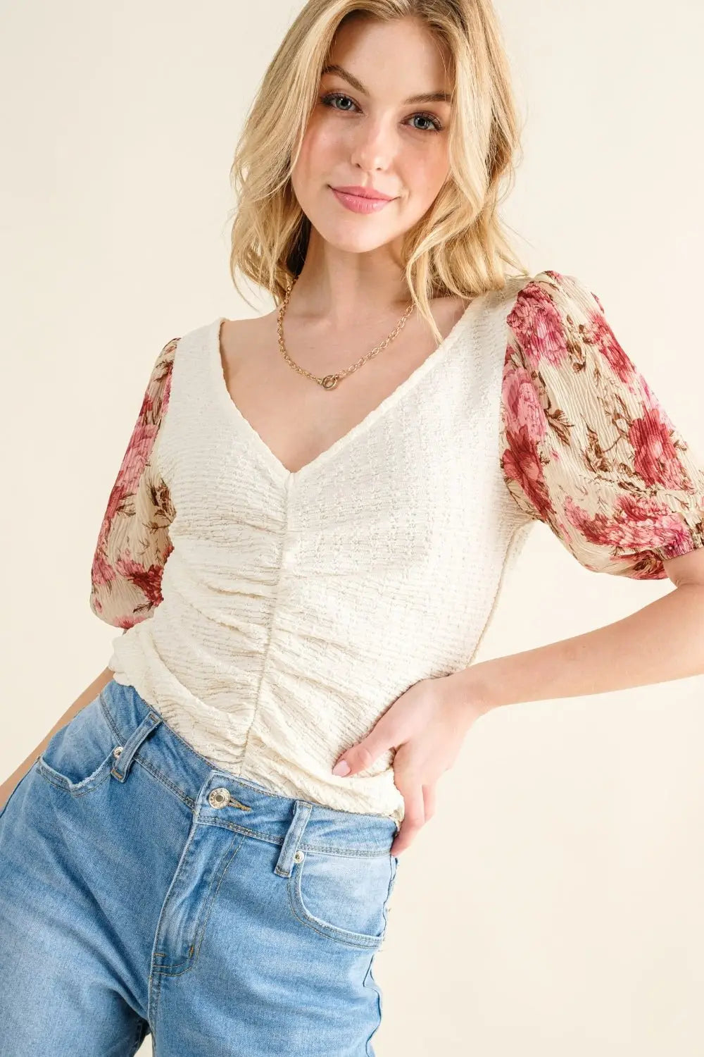 Floral Print Knit Top - Tops