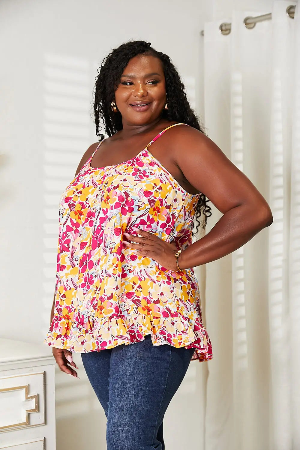 Floral Scoop Neck Ruffle Hem Cami - Eclectage