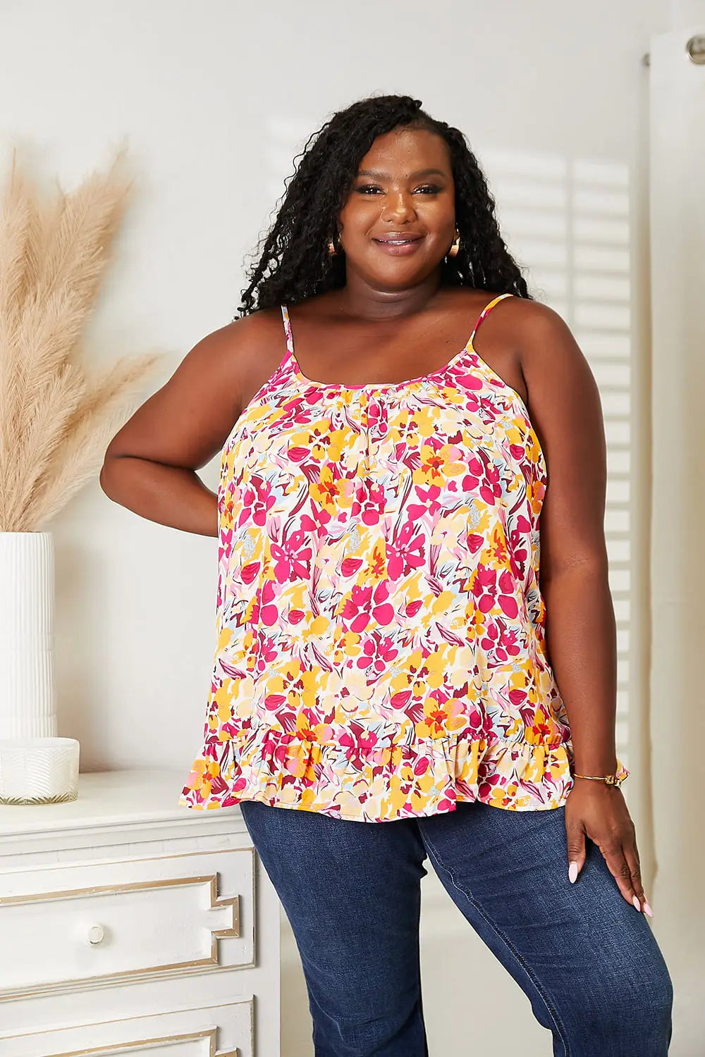 Floral Scoop Neck Ruffle Hem Cami - Eclectage