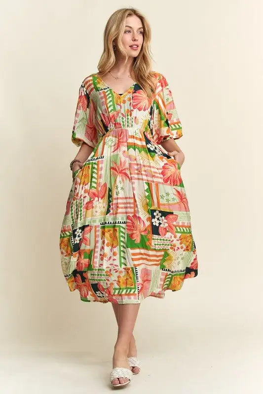 Floral V - Neck Puff Sleeve Midi Dress - Midi Dresses