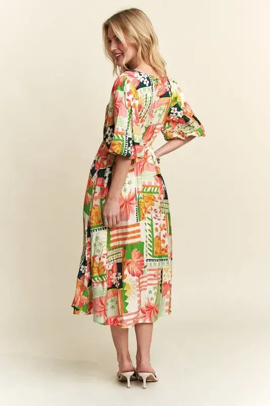 Floral V - Neck Puff Sleeve Midi Dress - Midi Dresses