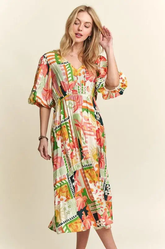 Floral V - Neck Puff Sleeve Midi Dress - Midi Dresses
