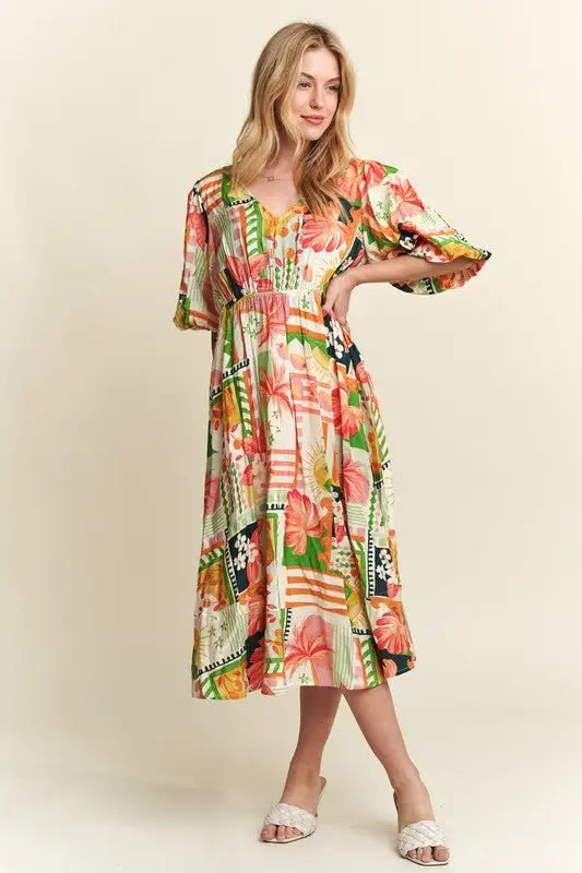 Floral V - Neck Puff Sleeve Midi Dress - Midi Dresses