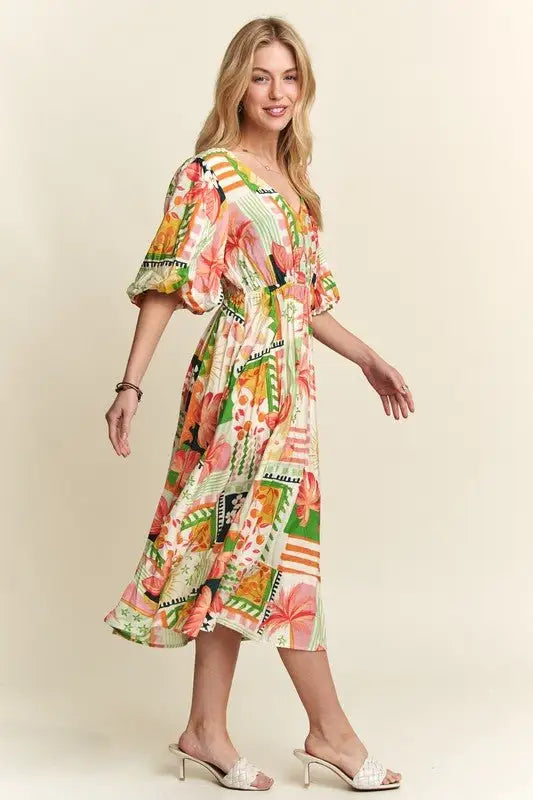 Floral V - Neck Puff Sleeve Midi Dress - Midi Dresses
