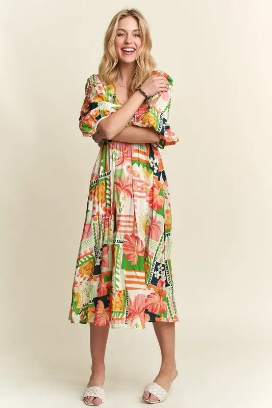 Floral V - Neck Puff Sleeve Midi Dress - Midi Dresses