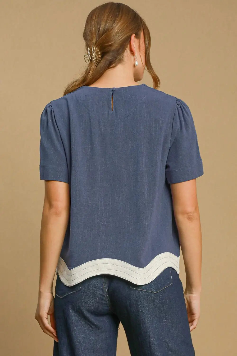 Umgee Full Size Linen Blend Scalloped Hem Top Plus Size - Eclectage