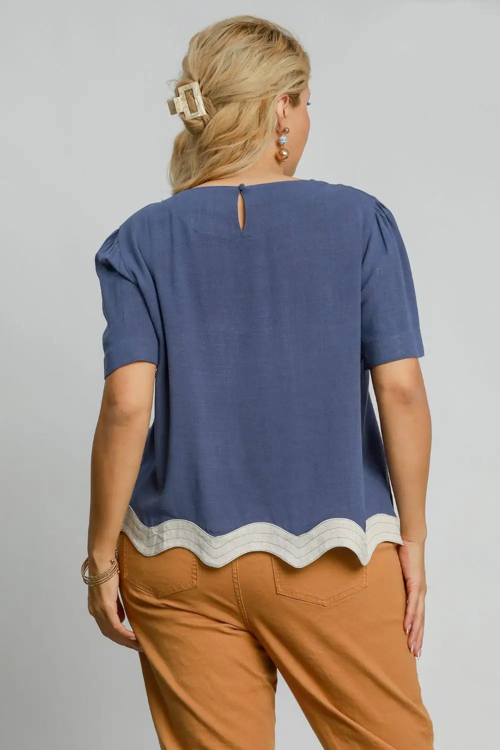 Umgee Full Size Linen Blend Scalloped Hem Top Plus Size - Eclectage