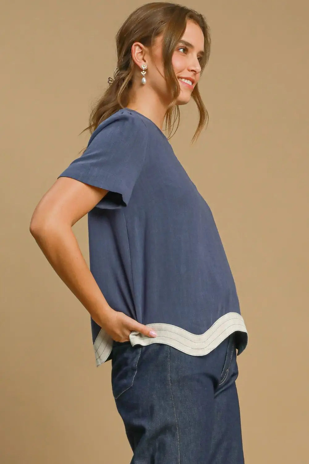 Umgee Full Size Linen Blend Scalloped Hem Top Plus Size - Eclectage