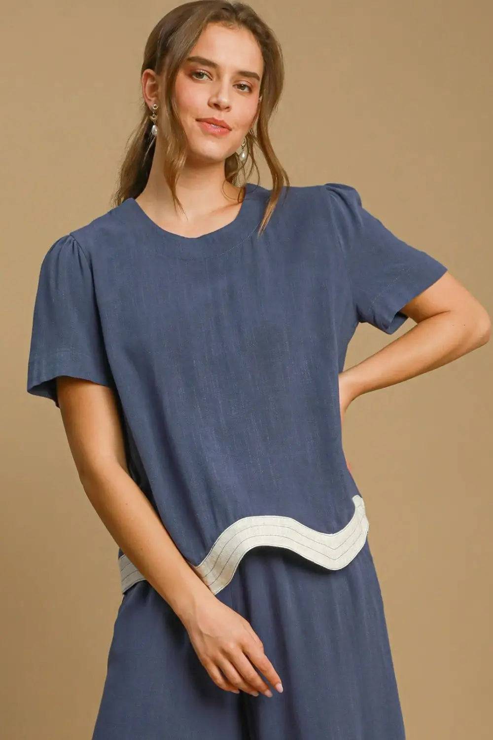 Umgee Full Size Linen Blend Scalloped Hem Top Plus Size - Eclectage