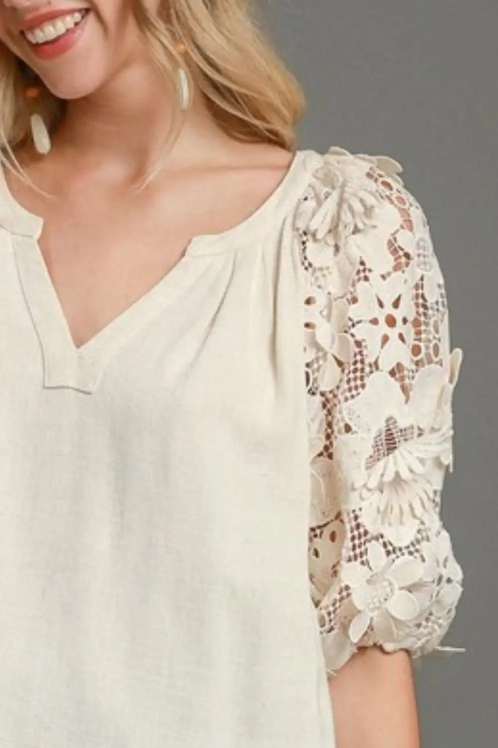 French Terry Boxy Cut Top with 3D Floral Sleeve - Tops