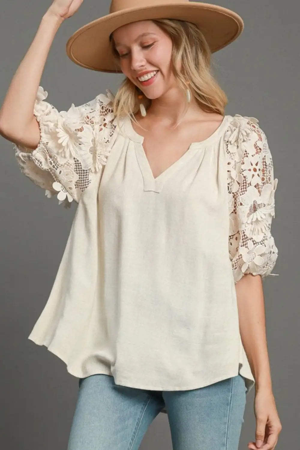 French Terry Boxy Cut Top with 3D Floral Sleeve - Tops