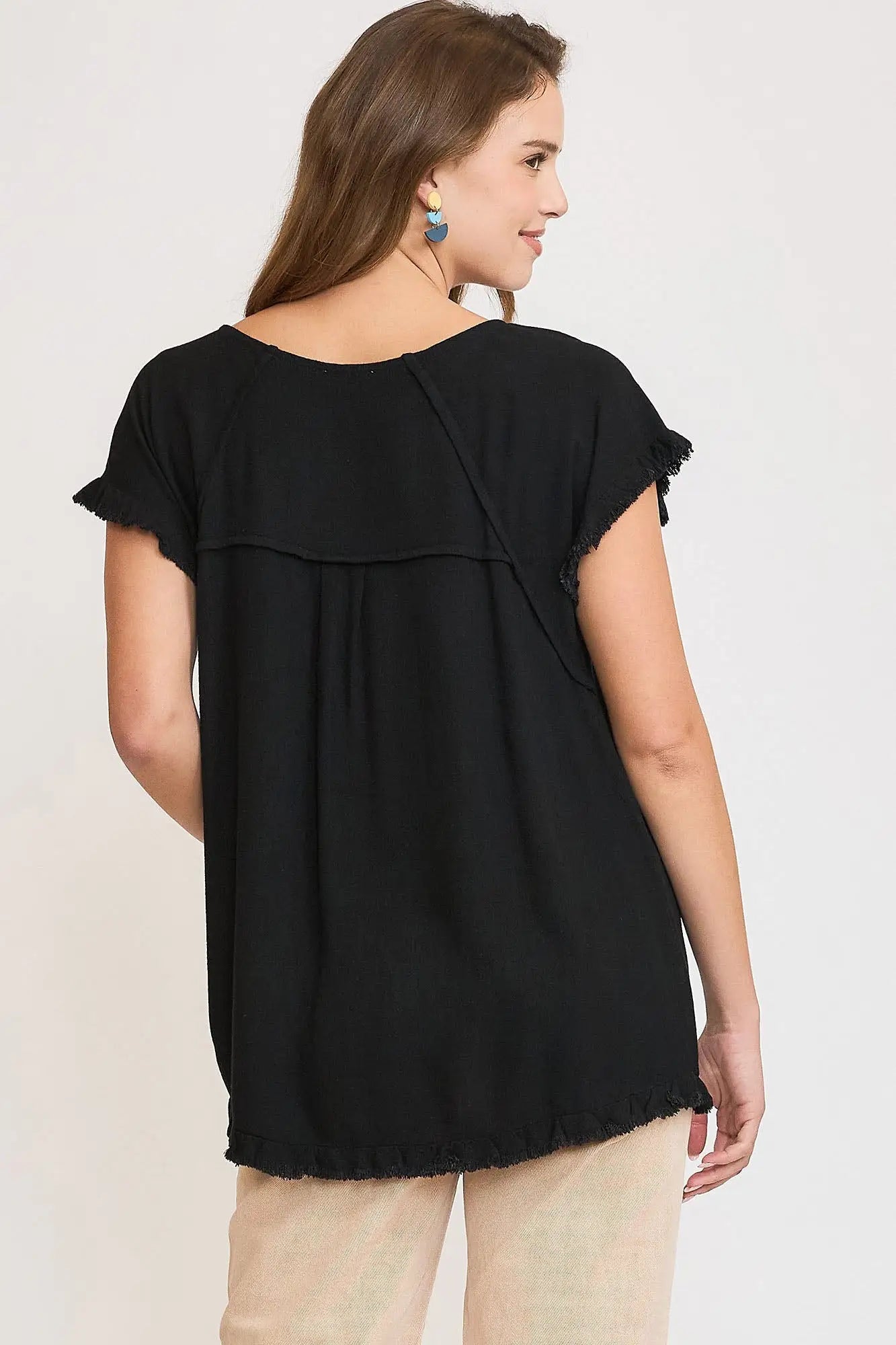 Umgee Full Size Seam Detail Linen Ruffle Fringe Edge Top Plus Size - Eclectage