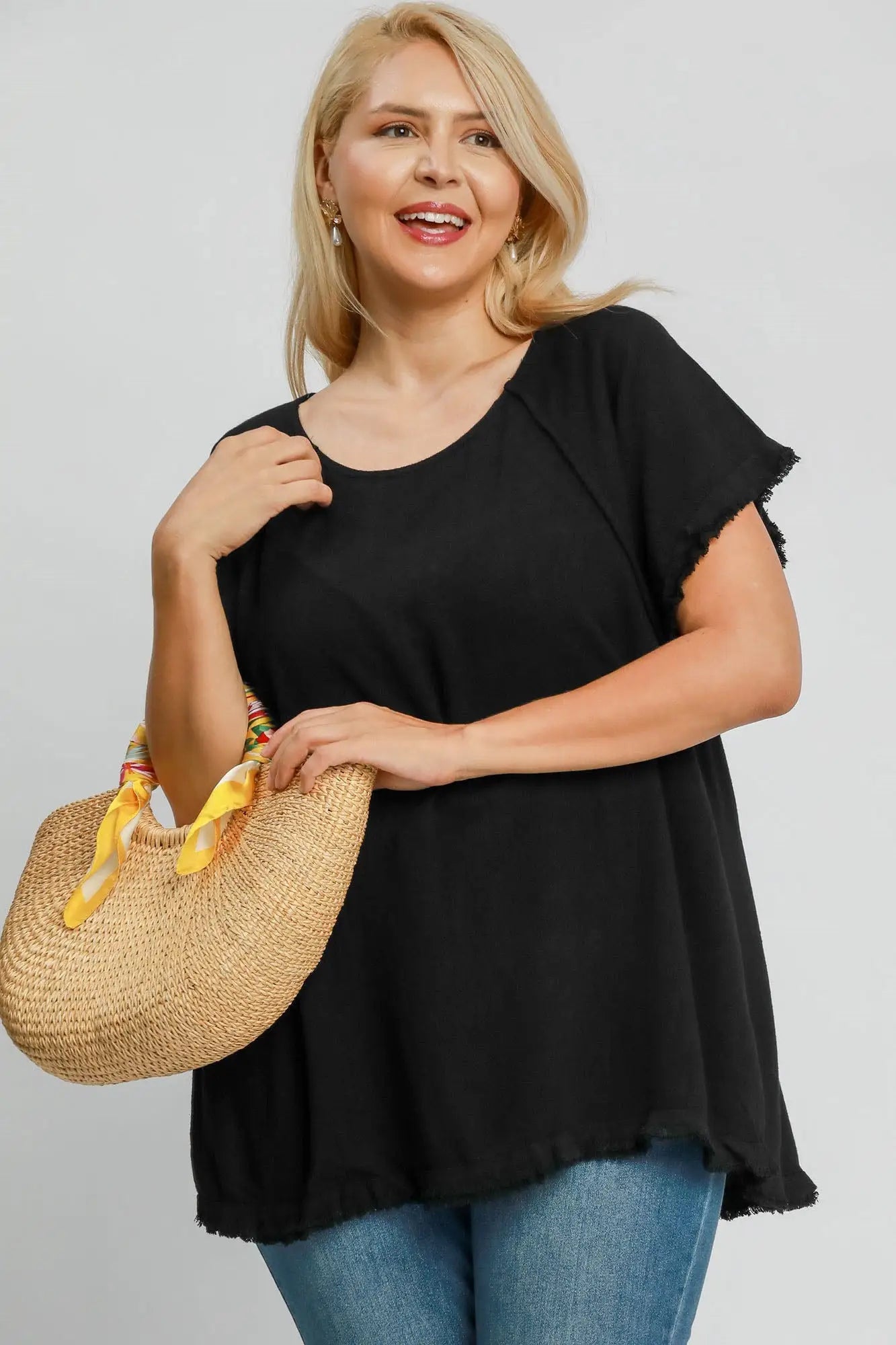 Umgee Full Size Seam Detail Linen Ruffle Fringe Edge Top Plus Size - Eclectage