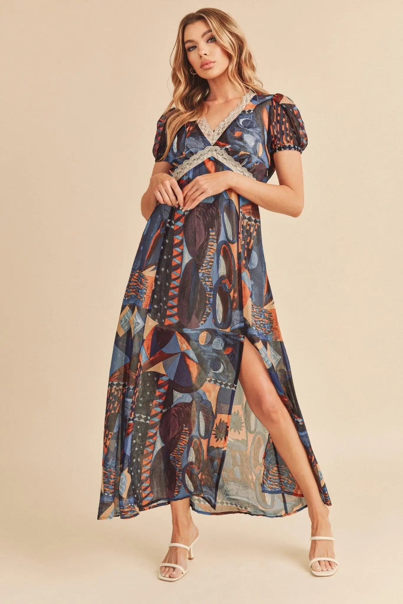 Geometric Print Short Sleeve Maxi Dress - Short Sleeve Maxi Dresses