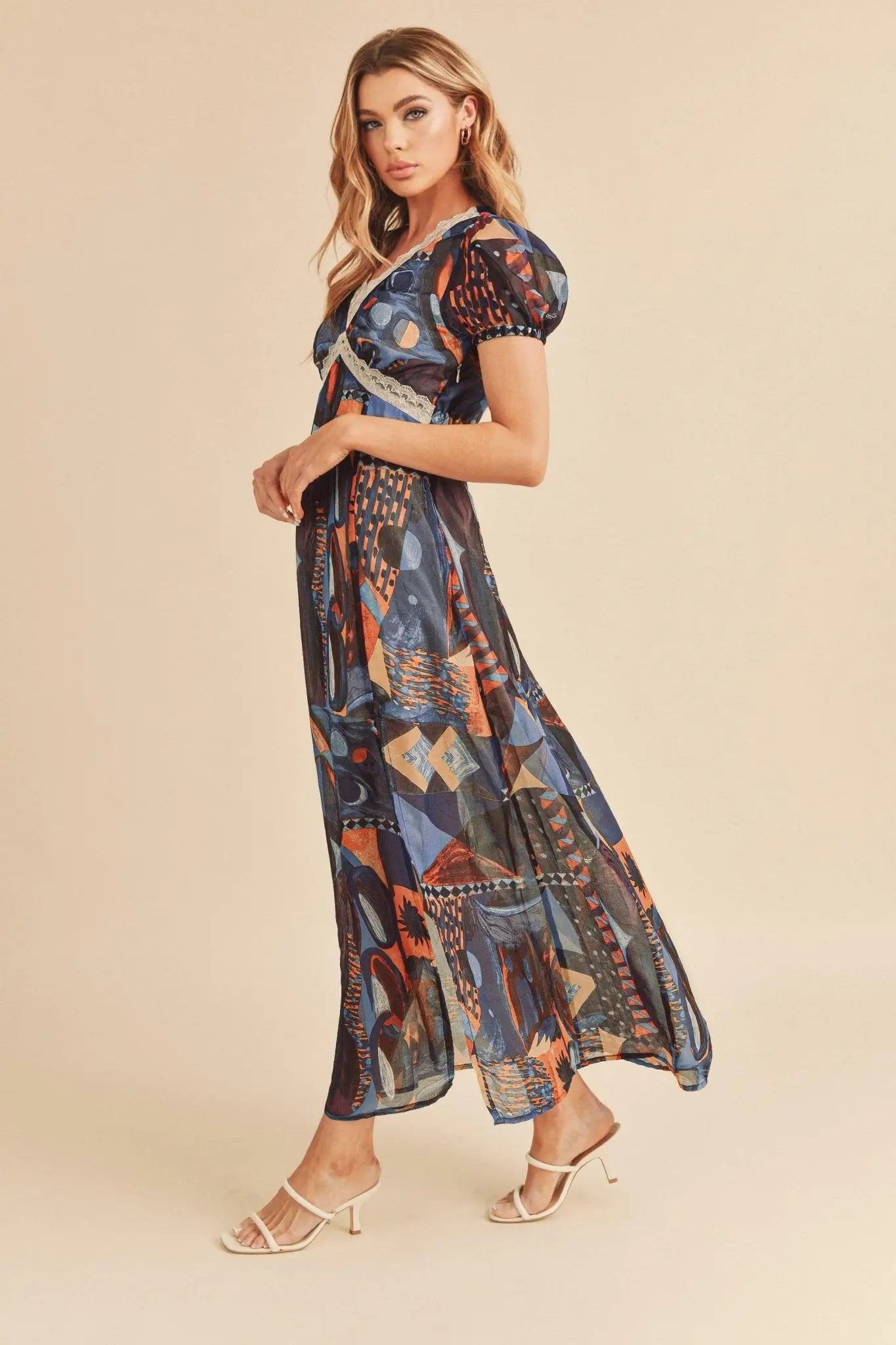 Geometric Print Short Sleeve Maxi Dress - Short Sleeve Maxi Dresses
