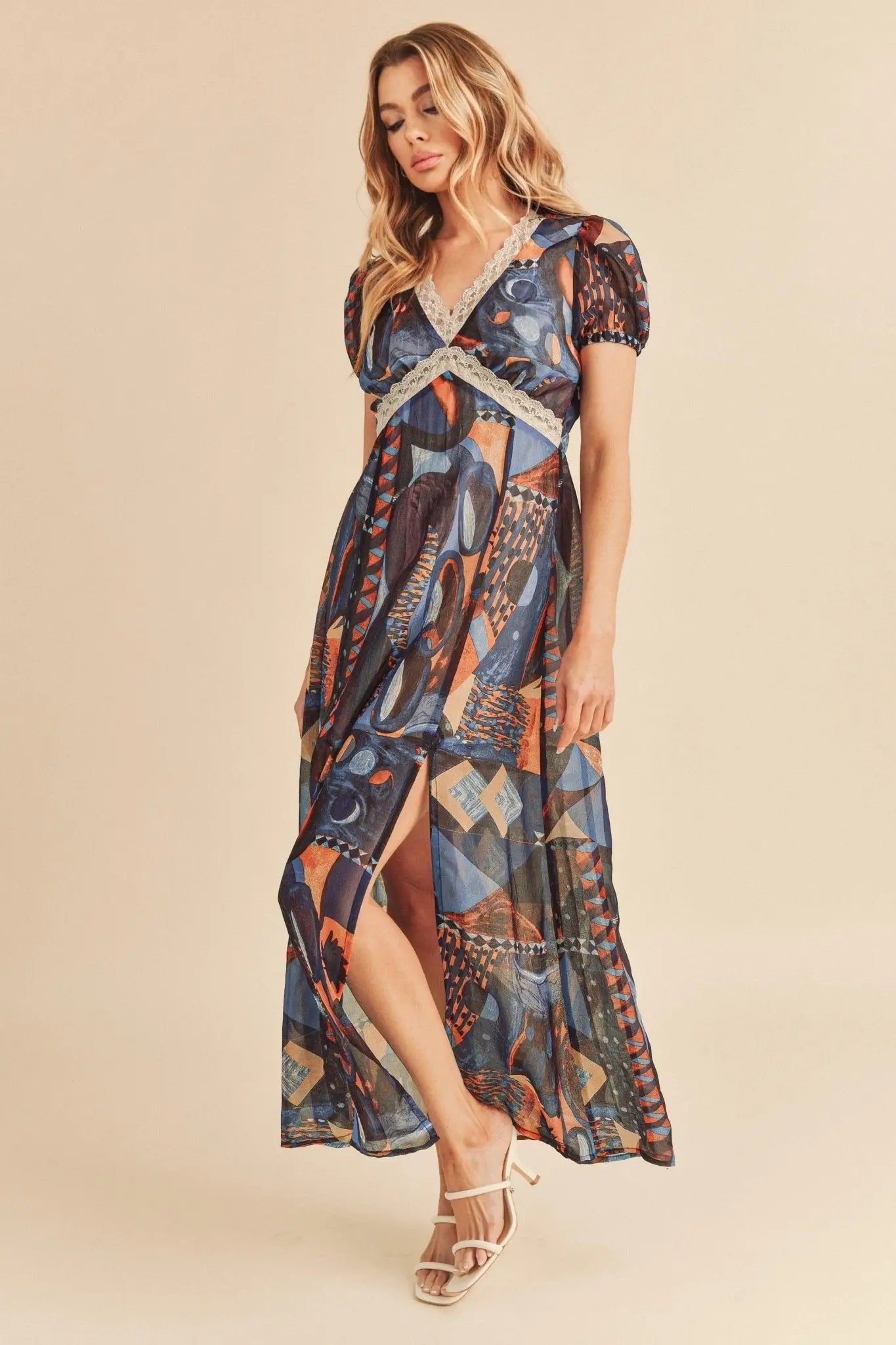 Geometric Print Short Sleeve Maxi Dress - Short Sleeve Maxi Dresses