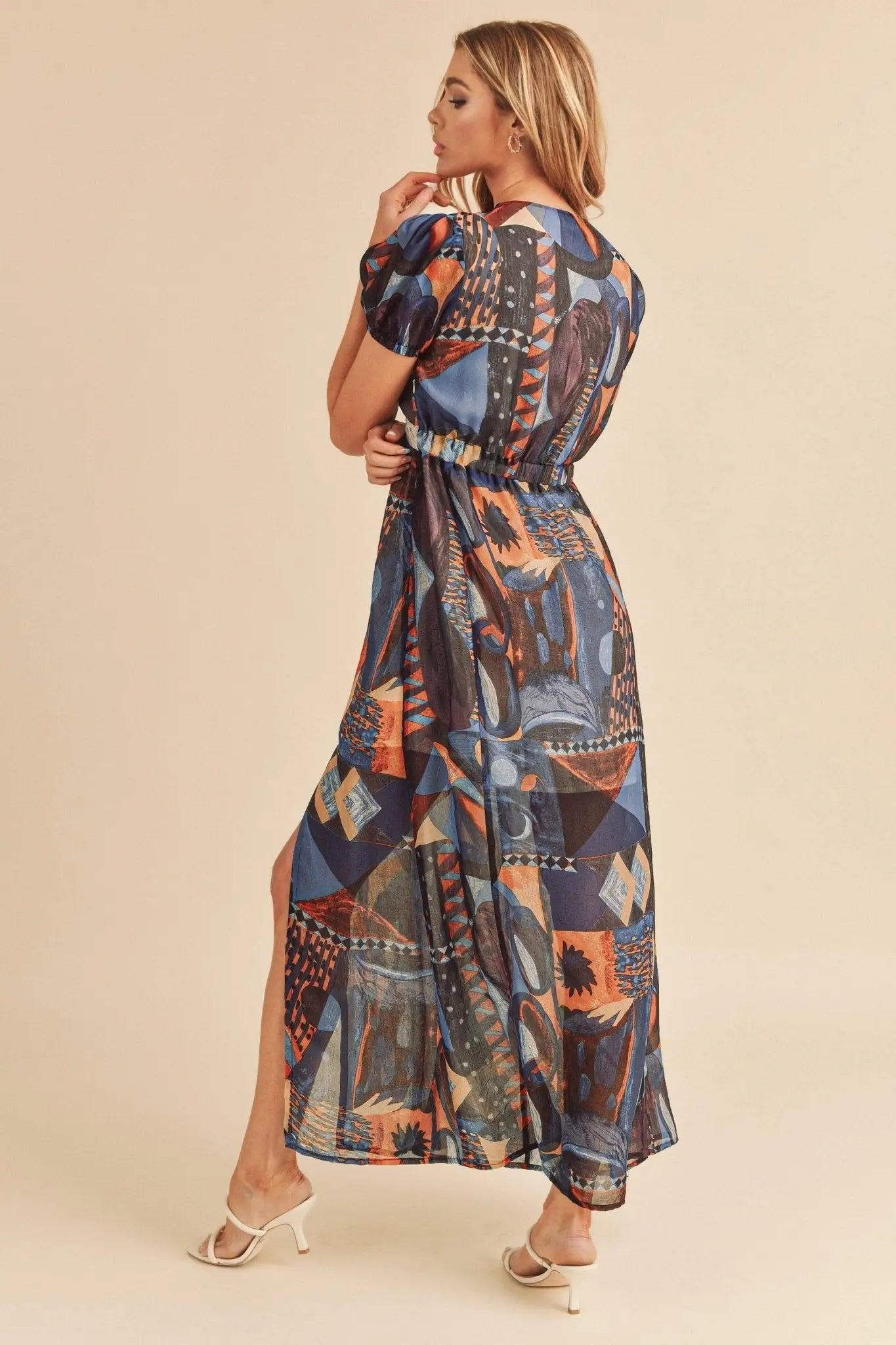 Geometric Print Short Sleeve Maxi Dress - Short Sleeve Maxi Dresses