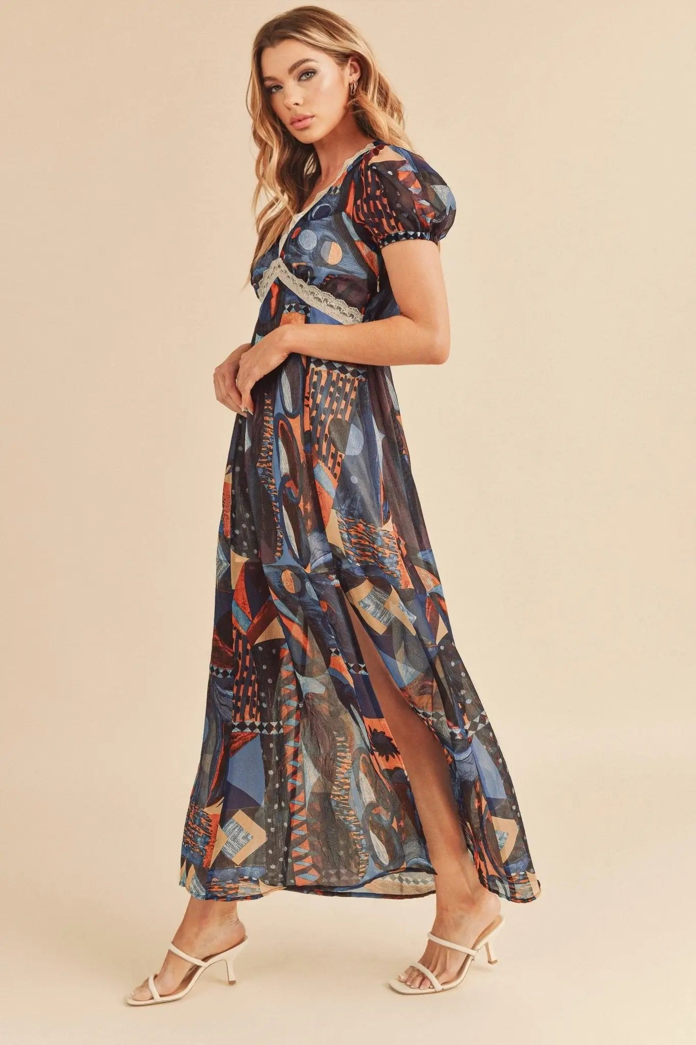 Geometric Print Short Sleeve Maxi Dress - Short Sleeve Maxi Dresses