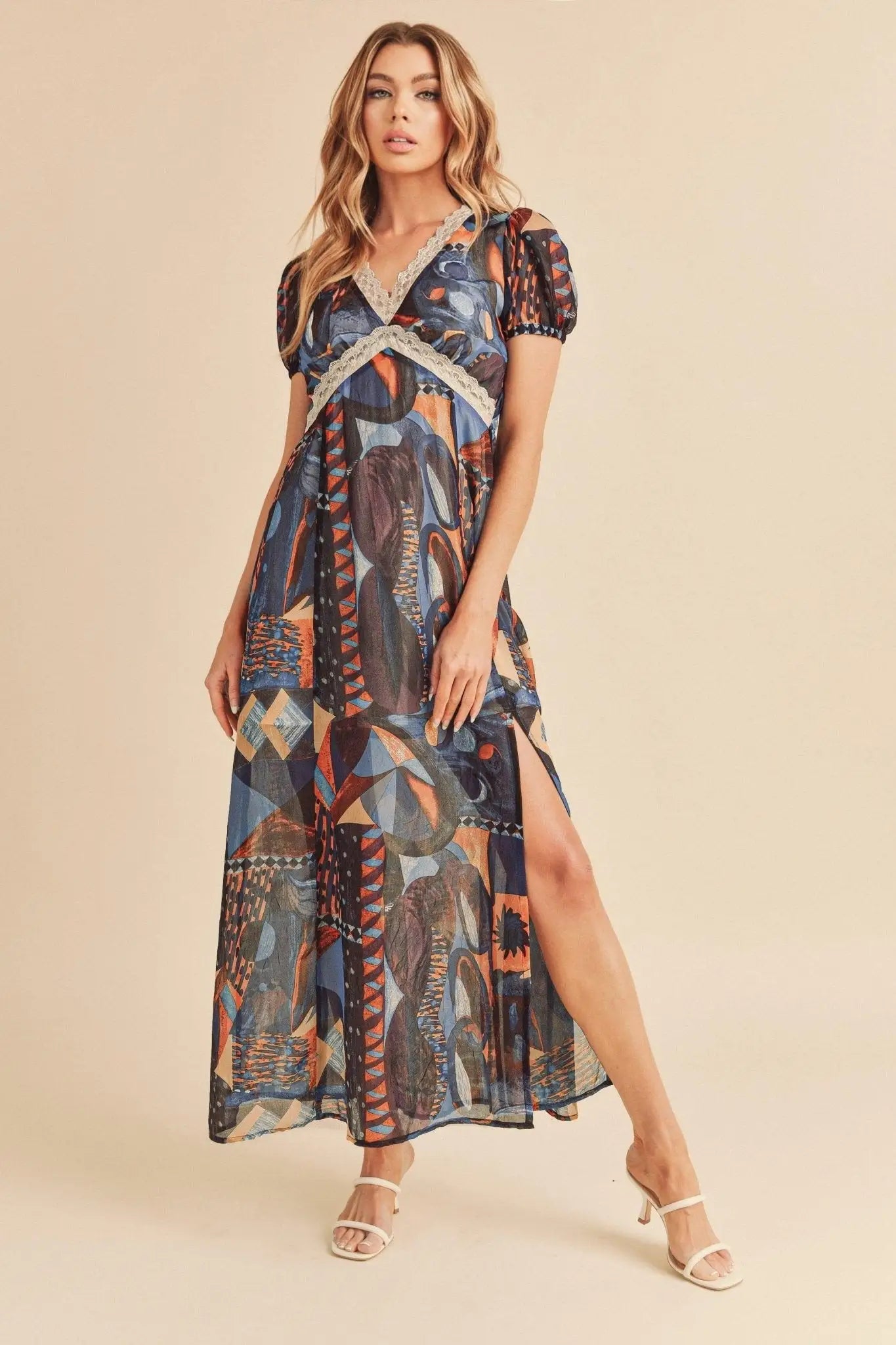 Geometric Print Short Sleeve Maxi Dress - Short Sleeve Maxi Dresses
