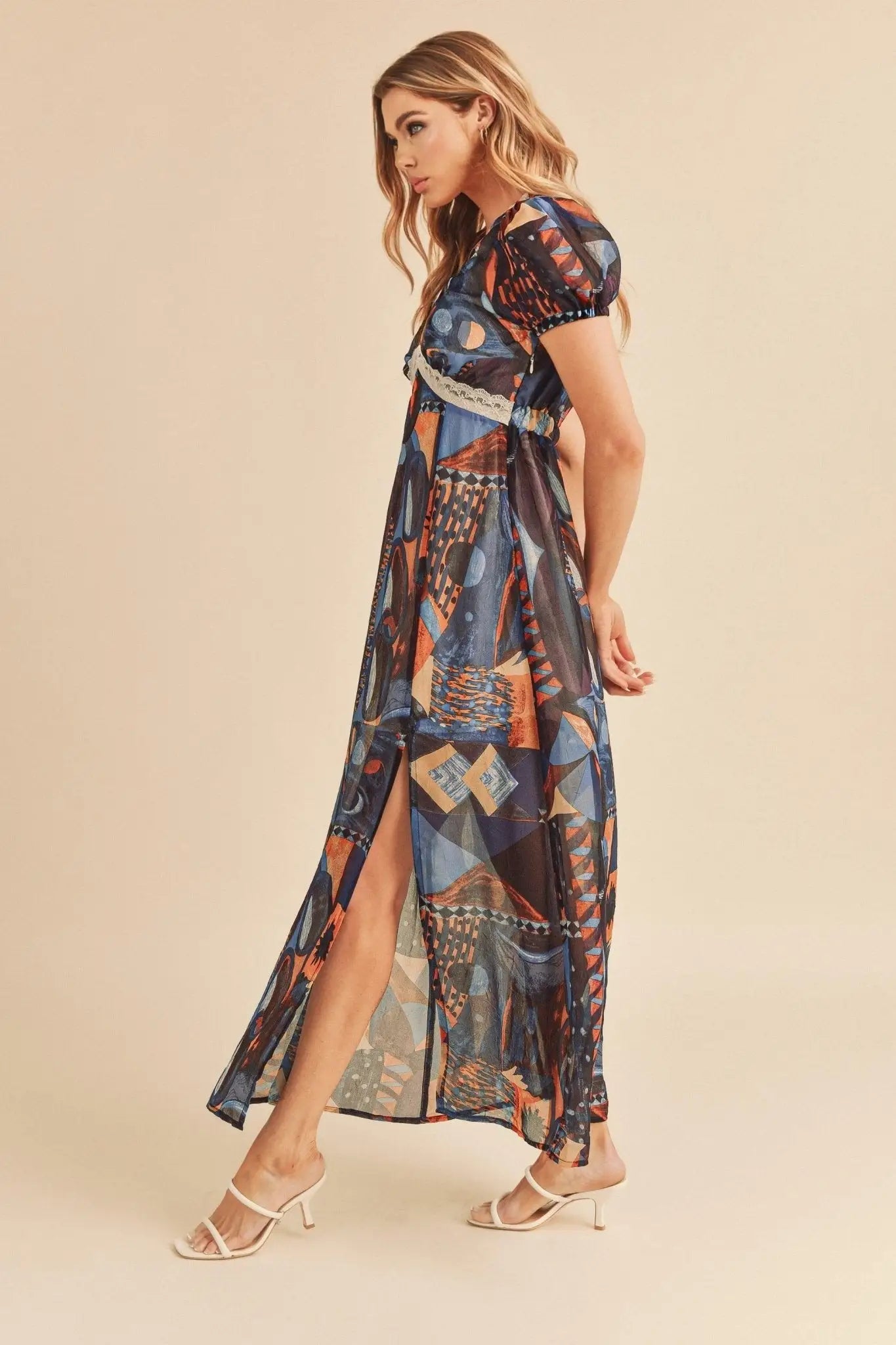 Geometric Print Short Sleeve Maxi Dress - Short Sleeve Maxi Dresses