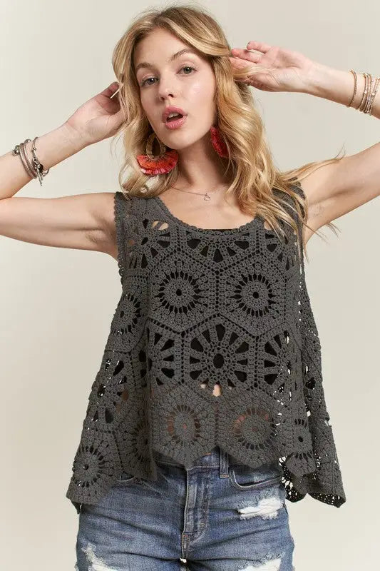 Gray Crochet Wide Strap Tank - Eclectage
