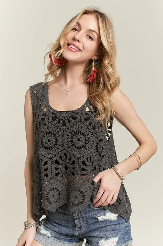 Gray Crochet Wide Strap Tank - Eclectage