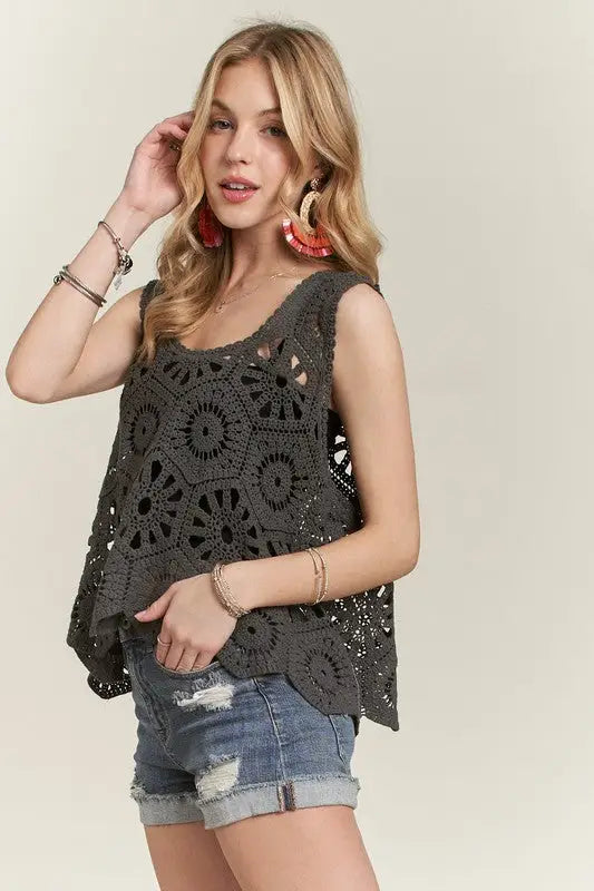 Gray Crochet Wide Strap Tank - Eclectage