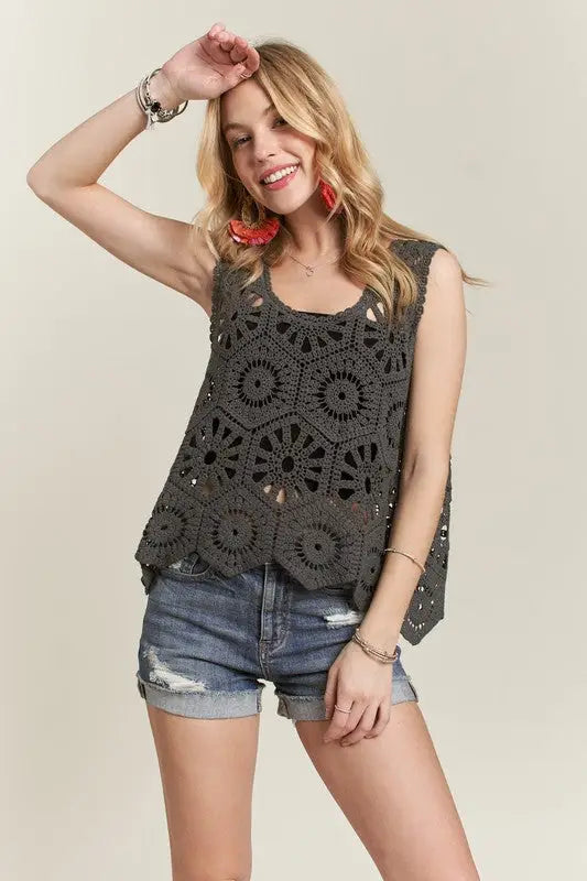 Gray Crochet Wide Strap Tank - Eclectage