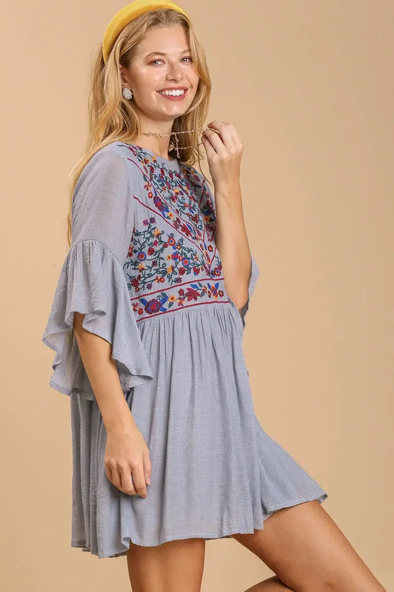 Gray Floral Embroidered Bell Sleeve Keyhole Dress Plus Size