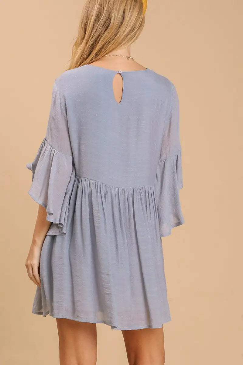 Gray Floral Embroidered Bell Sleeve Keyhole Dress Plus Size