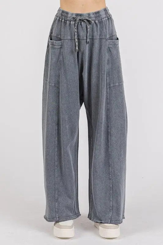 Gray Mineral Wash Barrel Leg Pants - Eclectage