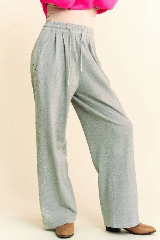 Davi & Dani Rhinestone Elastic Waist Wide Leg Pants - Eclectage