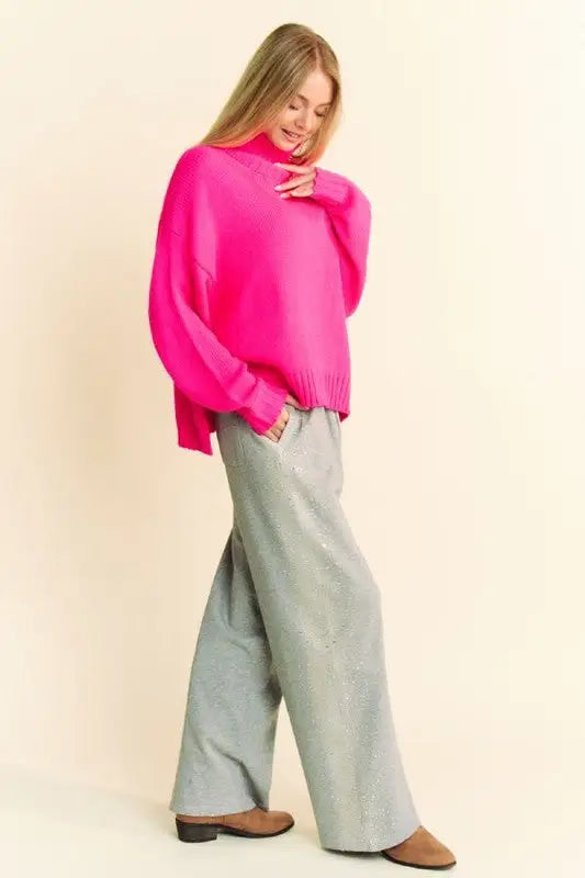 Davi & Dani Rhinestone Elastic Waist Wide Leg Pants - Eclectage