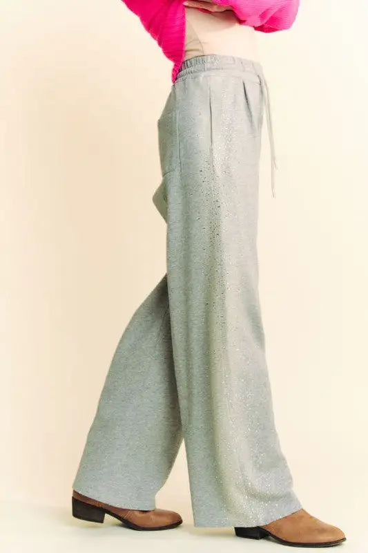 Davi & Dani Rhinestone Elastic Waist Wide Leg Pants - Eclectage