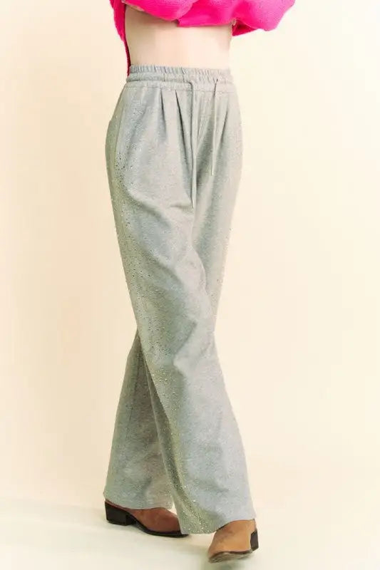 Davi & Dani Rhinestone Elastic Waist Wide Leg Pants - Eclectage