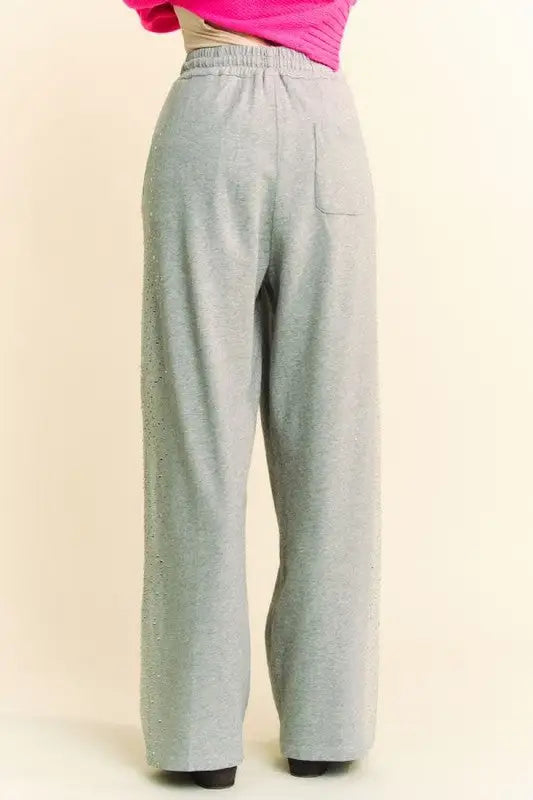 Davi & Dani Rhinestone Elastic Waist Wide Leg Pants - Eclectage