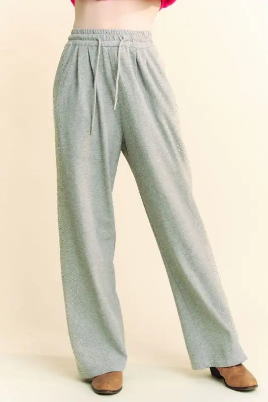Davi & Dani Rhinestone Elastic Waist Wide Leg Pants - Eclectage