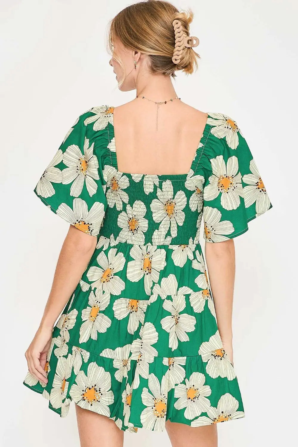Green Daisy Print Ribboned Mini Dress - Mini Dresses