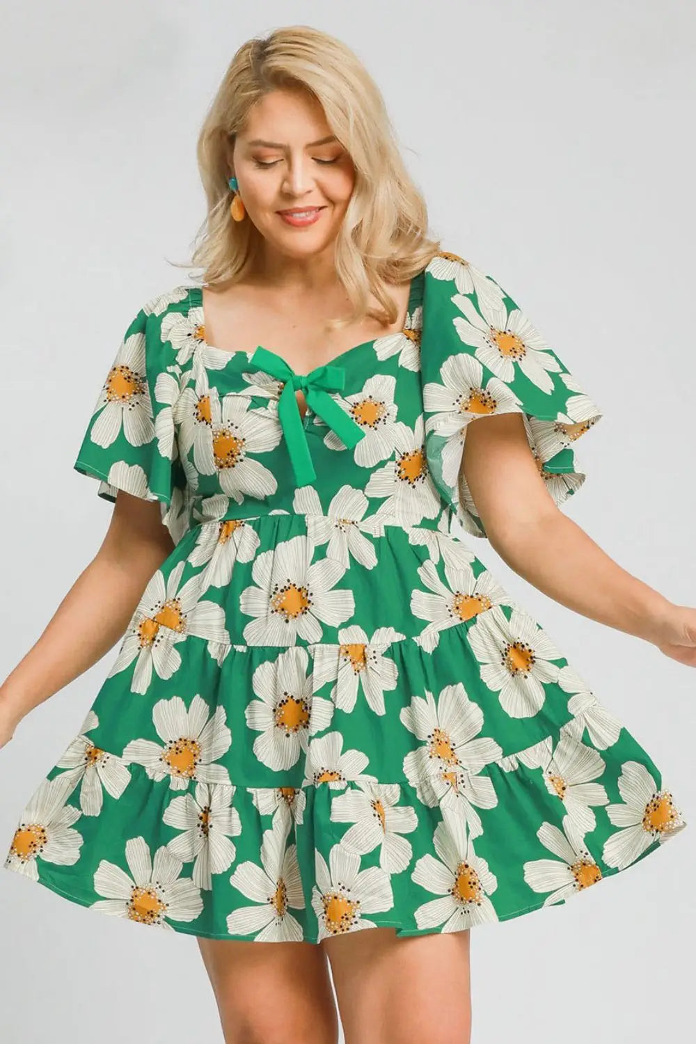 Green Daisy Print Ribboned Mini Dress - Mini Dresses