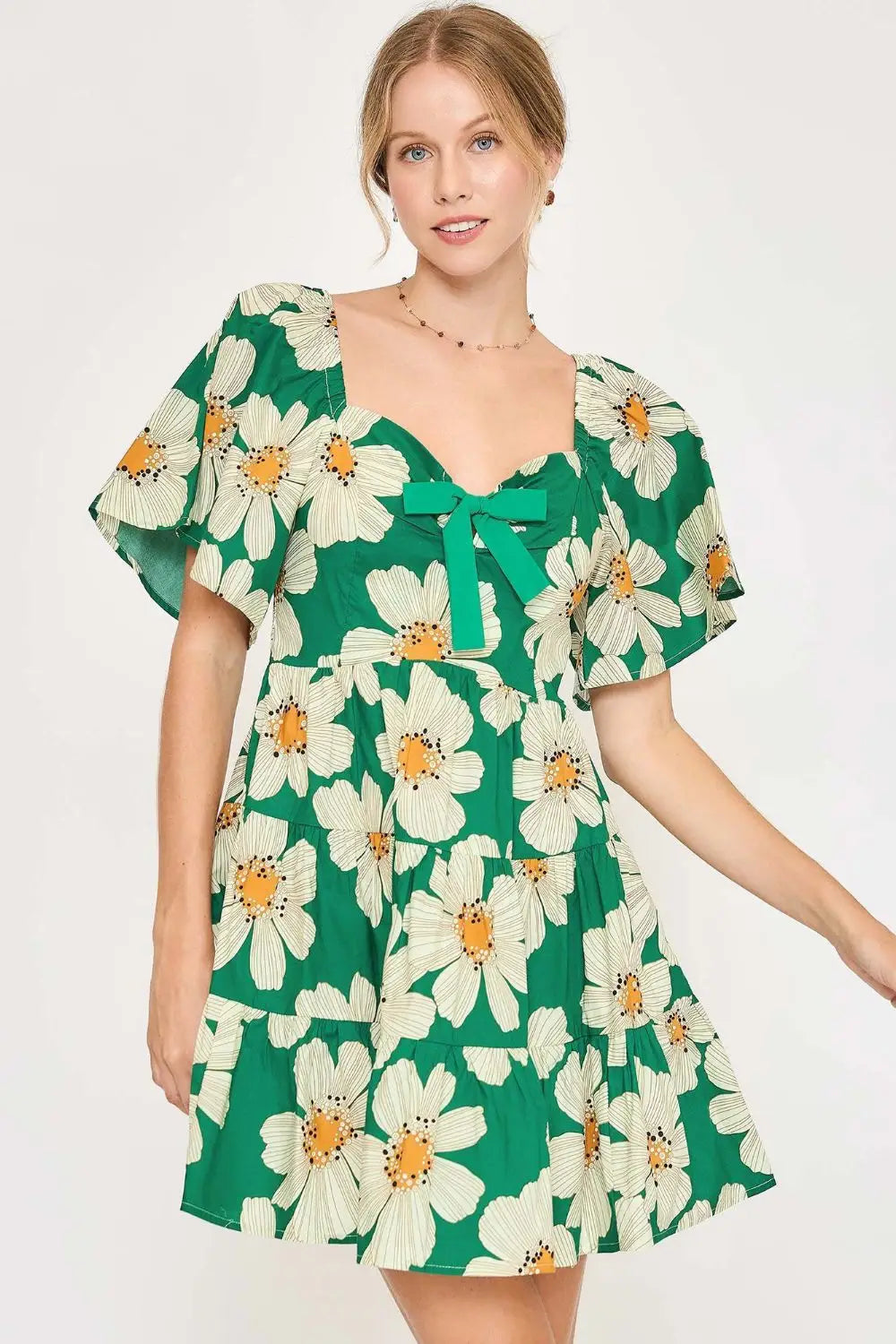 Green Daisy Print Ribboned Mini Dress - Mini Dresses