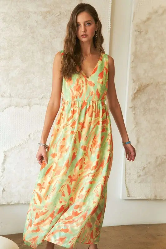 Green Floral Abstract V-Neck Maxi Dress - Eclectage