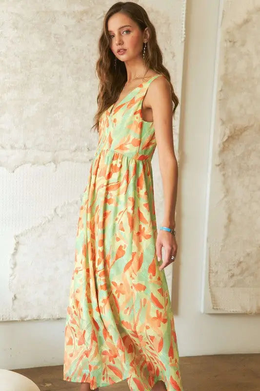 Green Floral Abstract V-Neck Maxi Dress - Eclectage