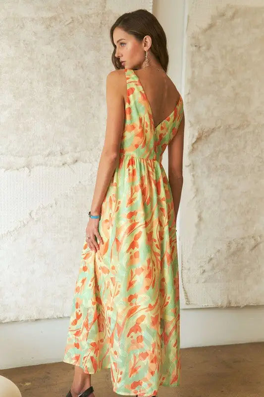 Green Floral Abstract V-Neck Maxi Dress - Eclectage